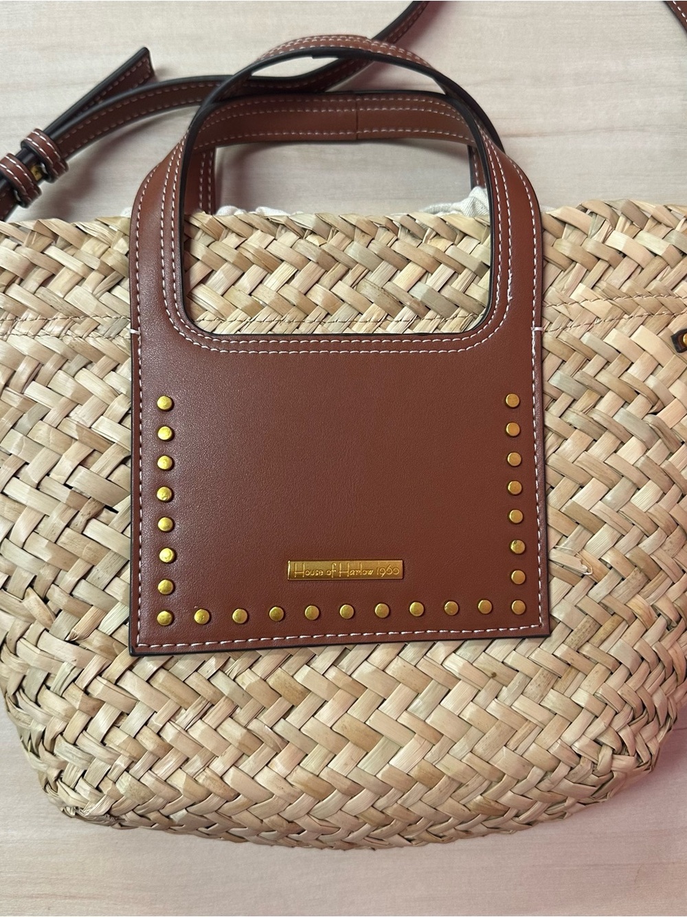 House of Harlow 1960 Tan & Brown Woven Straw Tote with Gold Studs